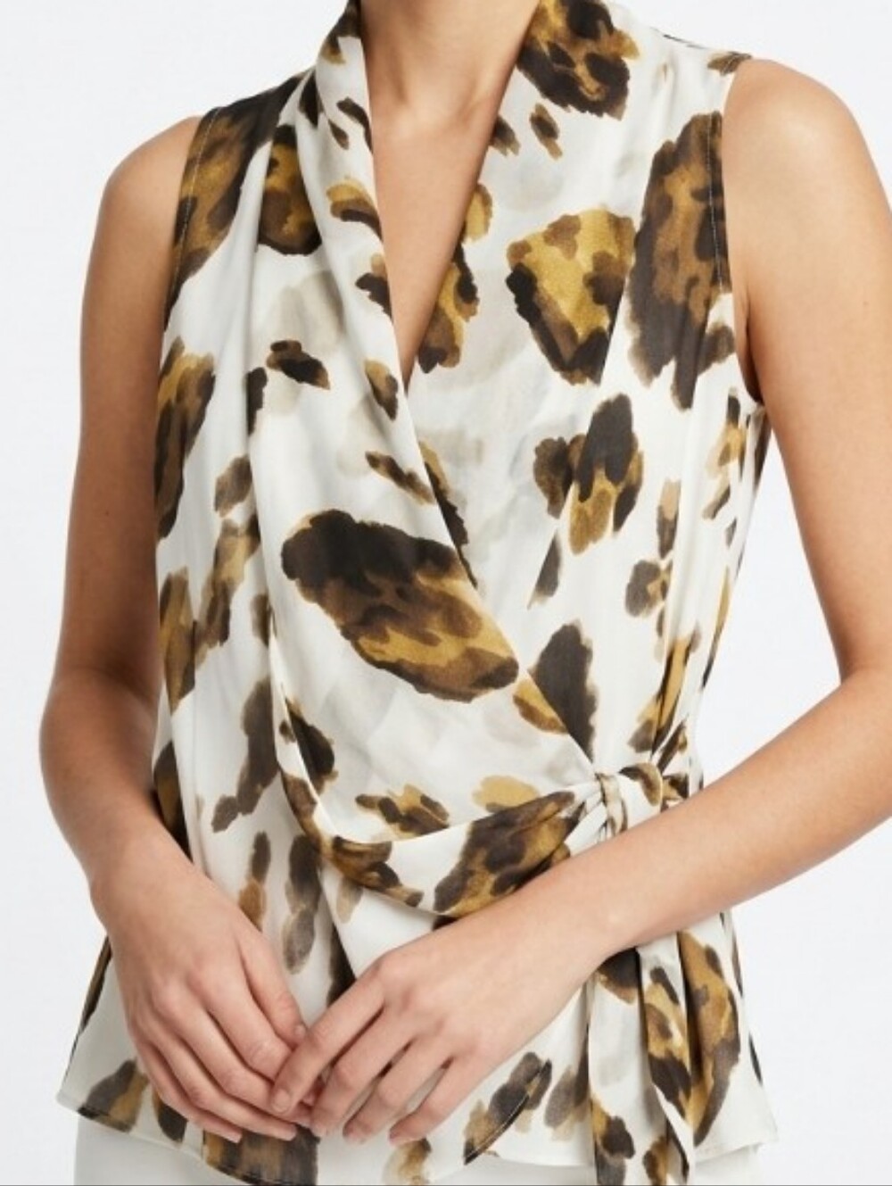 100% SILK Cream Brown & Black Animal Print Sleeveless Wrap Top